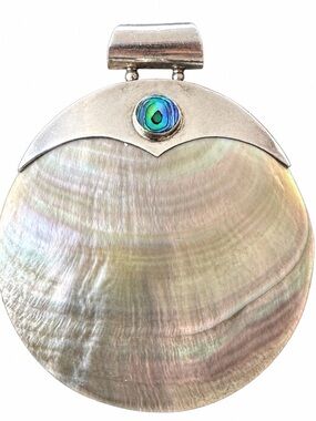 Sterling Silver 925 Mother of Pearl Shell & Abalone Stone Statement Pendant